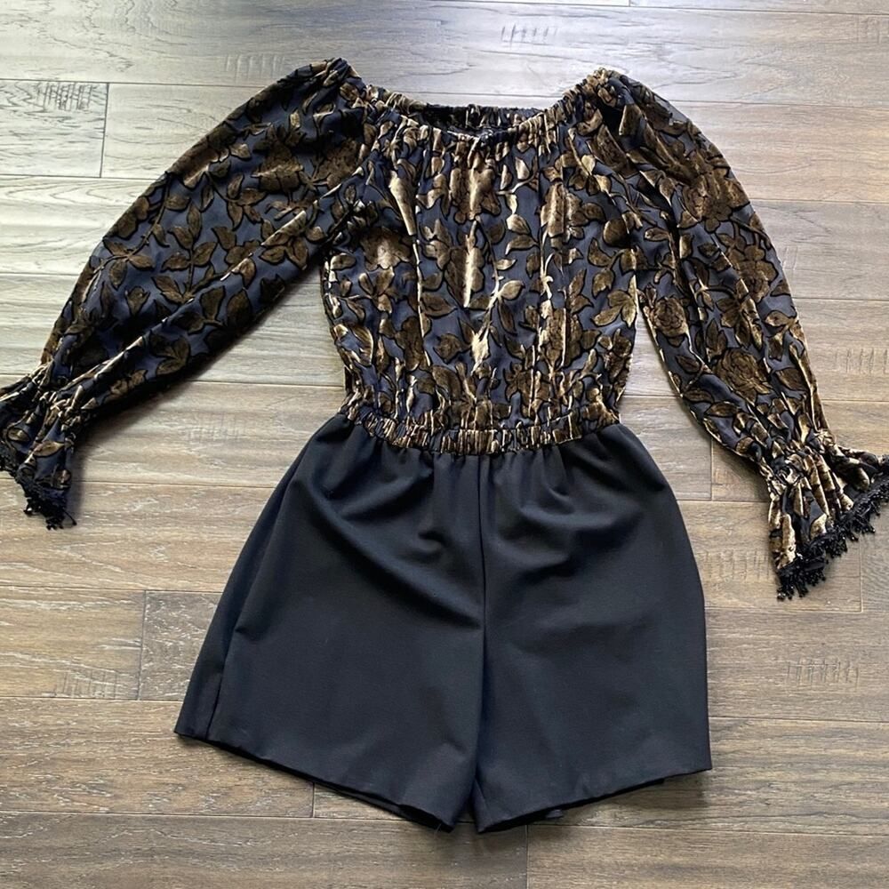 Velvet Burnout Off-Shoulder Romper Womens Sz 6 Handmade Black Gold Holiday